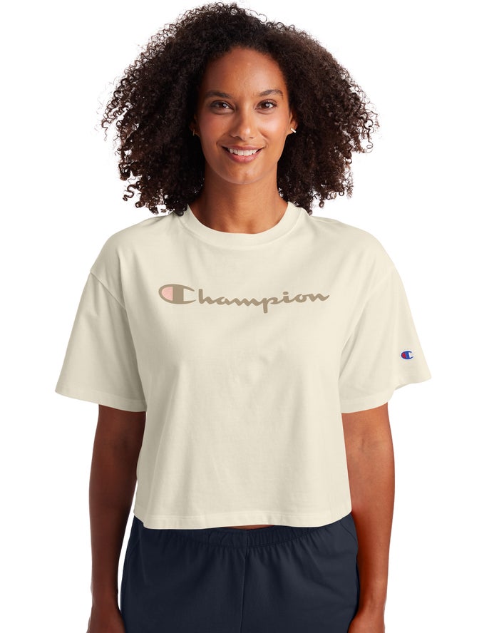 Champion Womens T-Shirt NZ - Cropped Script Logo Cream ( 0864-EAJDY )